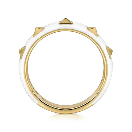 14K Yellow Gold Pyramid Stackable with White Enamel angle 2 14K Yellow Gold Pyramid Stackable with White Enamel angle 2