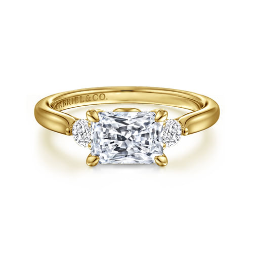 14K Yellow Gold Radiant Cut Three Stone Lotus Diamond Engagement Ring