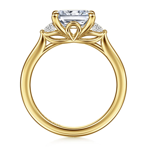 14K Yellow Gold Radiant Cut Three Stone Lotus Diamond Engagement Ring