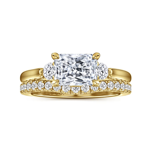 14K Yellow Gold Radiant Cut Three Stone Lotus Diamond Engagement Ring