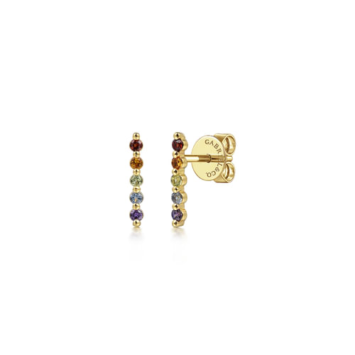 14K Yellow Gold Rainbow Color Stone Stud Earrings