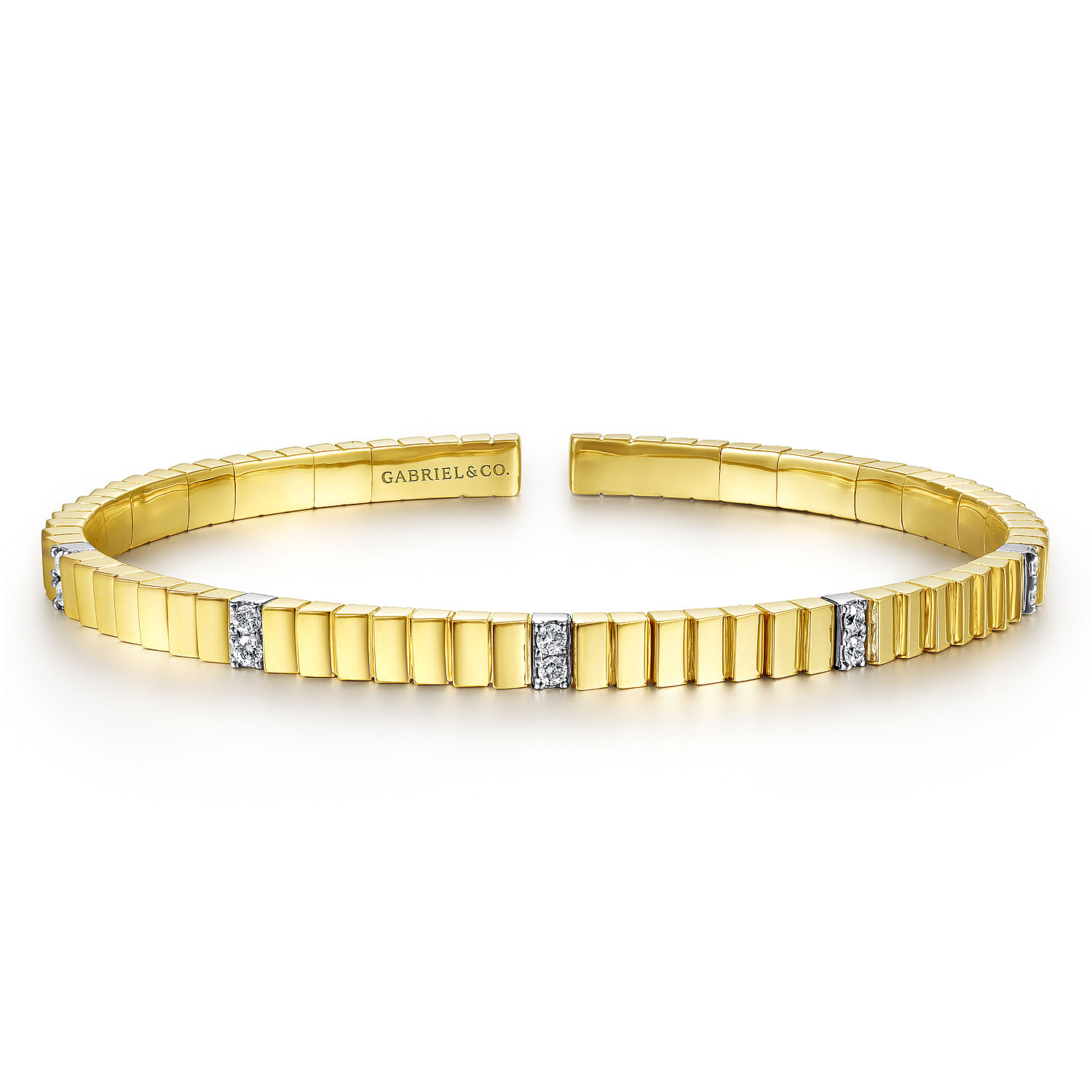 14K Yellow Gold Rectangular Bead Cuff Bracelet with White Gold Pavé Diamond Stations