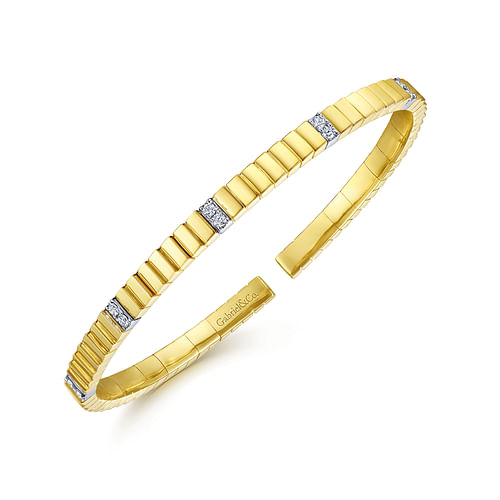 14K Yellow Gold Rectangular Bead Cuff Bracelet with White Gold Pavé Diamond Stations