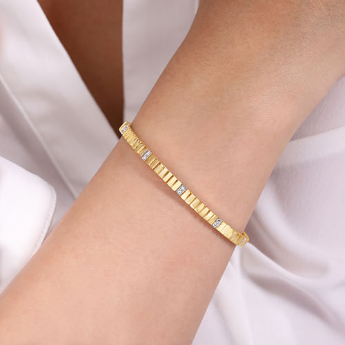 14K Yellow Gold Rectangular Bead Cuff Bracelet with White Gold Pavé Diamond Stations