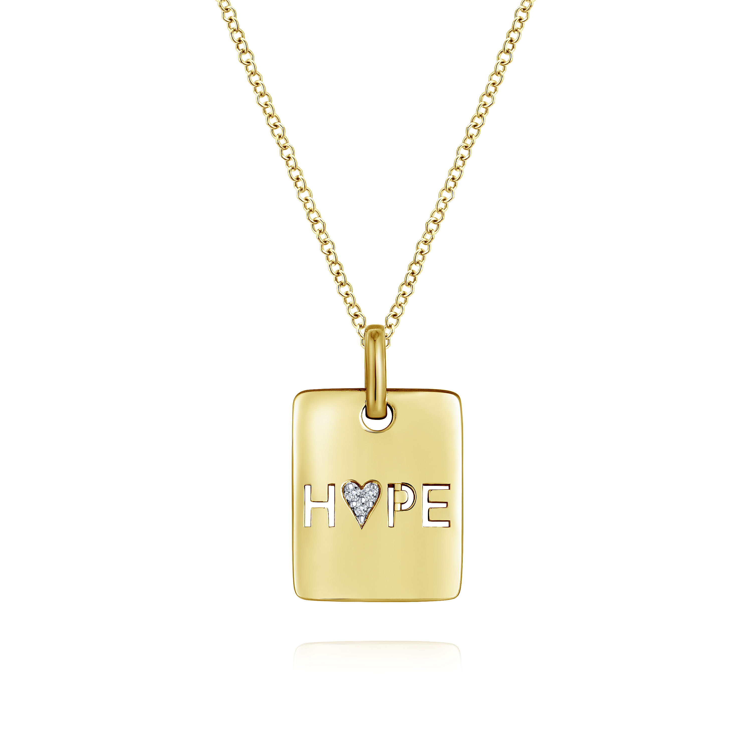 14K Yellow Gold Rectangular Hope Medallion Necklace with Pavé Diamond Heart