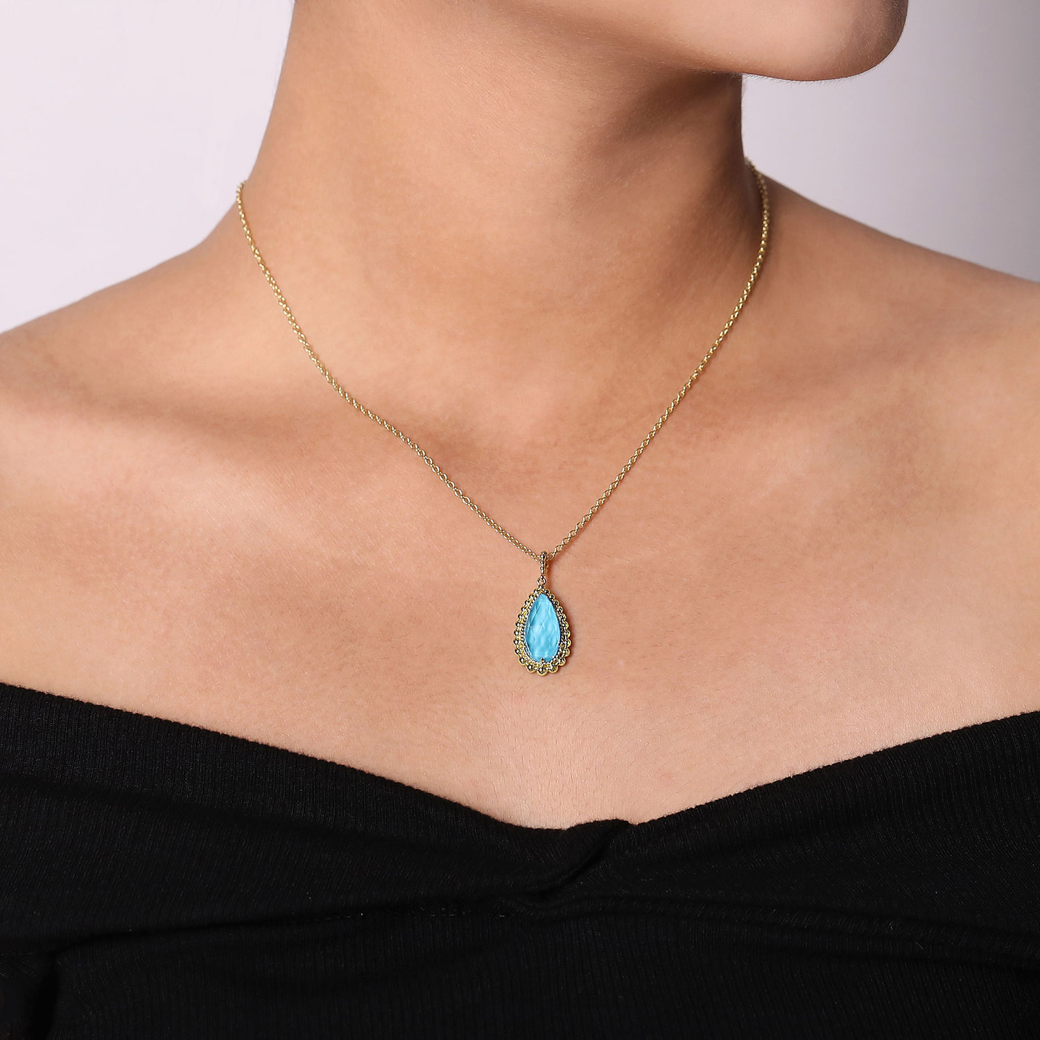 14K Yellow Gold Rock Crystal/Turquoise Pendant Necklace with Bujukan Beads