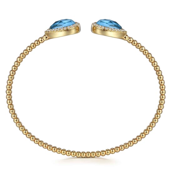 14K Yellow Gold Rock Crystal/Turquoise and Diamond Open Bujukan Bangle angle 3