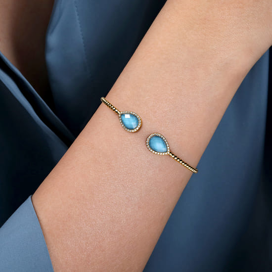 14K Yellow Gold Rock Crystal/Turquoise and Diamond Open Bujukan Bangle angle 4