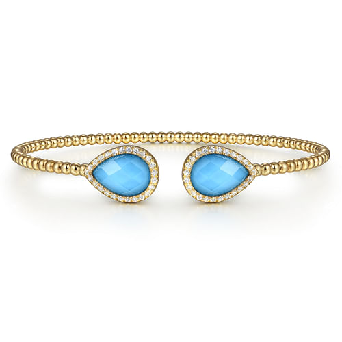 14K Yellow Gold Rock Crystal/Turquoise and Diamond Open Bujukan Bangle