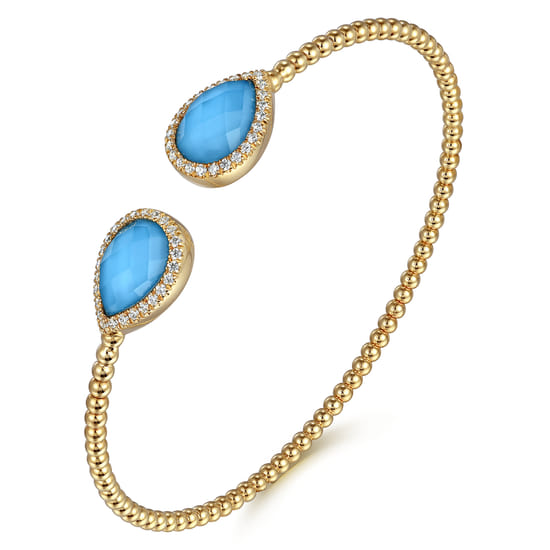 14K Yellow Gold Rock Crystal/Turquoise and Diamond Open Bujukan Bangle angle 2