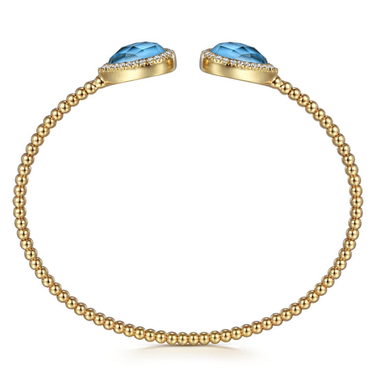 14K Yellow Gold Rock Crystal/Turquoise and Diamond Open Bujukan Bangle angle 3