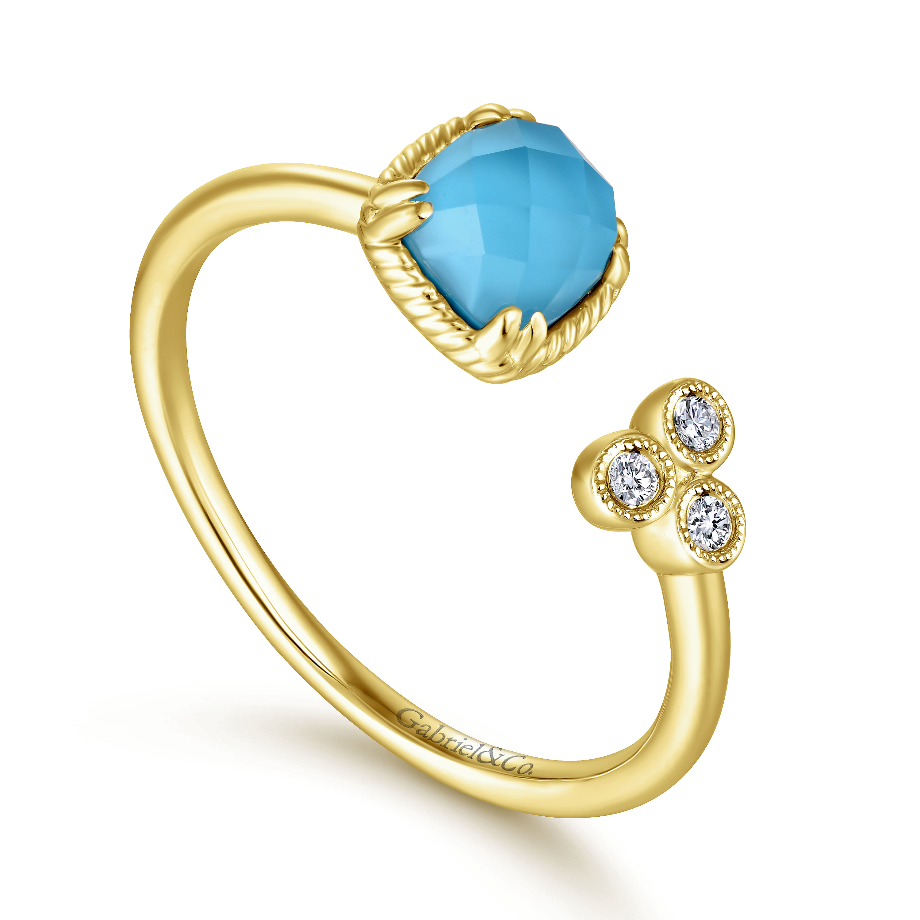 14K Yellow Gold Rock Crystal/Turquoise and Diamond Open Wrap Ring