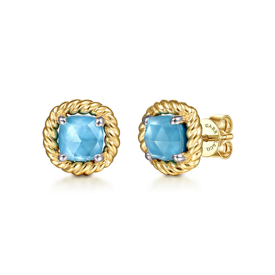 Gabriel - 14K Yellow Gold Rock Crystal/White MOP/Turquoise Stud Earrings