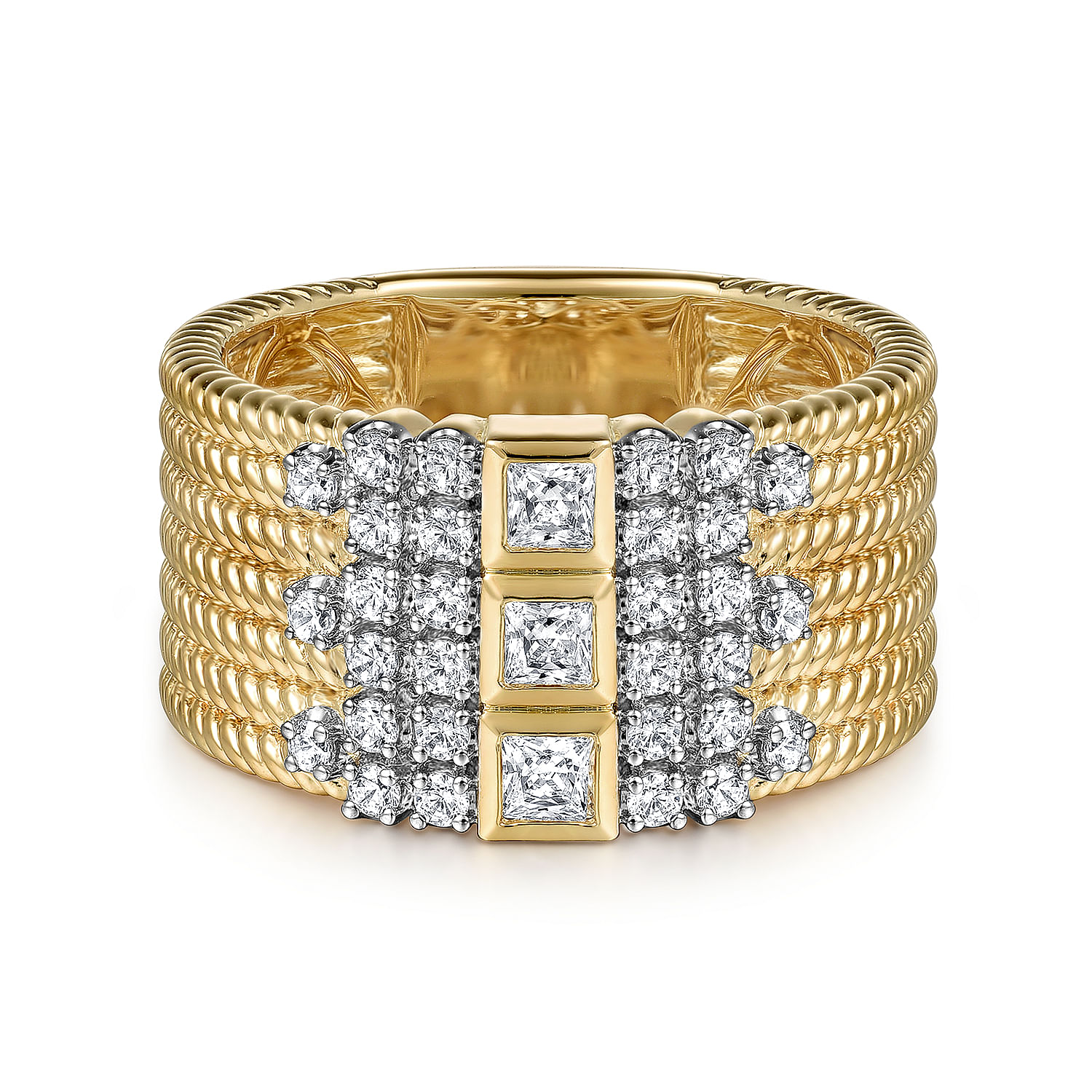 14K Yellow Gold Rope Diamond Wide Band Ladies Ring