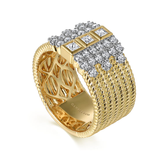 14K Yellow Gold Rope Diamond Wide Band Ladies Ring angle 3