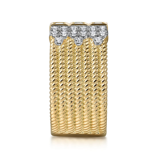14K Yellow Gold Rope Diamond Wide Band Ladies Ring angle 4