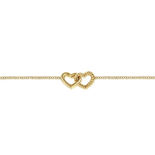 14K Yellow Gold Rope Entwined Hearts Chain Bracelet 