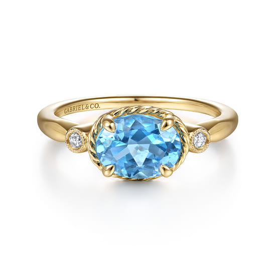 Gabriel - 14K Yellow Gold Rope Swiss Blue Topaz and Diamond Promise Ring