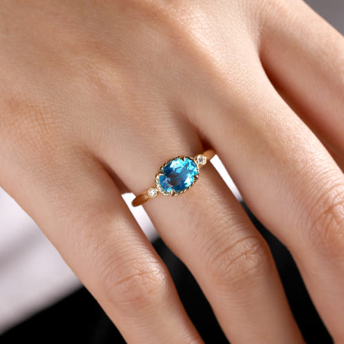 14K Yellow Gold Rope Swiss Blue Topaz and Diamond Promise Ring