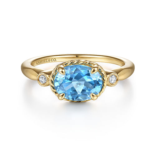 14K Yellow Gold Rope Swiss Blue Topaz and Diamond Ring