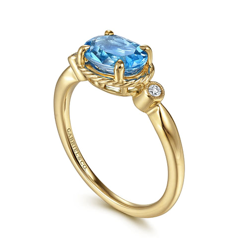 14K Yellow Gold Rope Swiss Blue Topaz and Diamond Ring