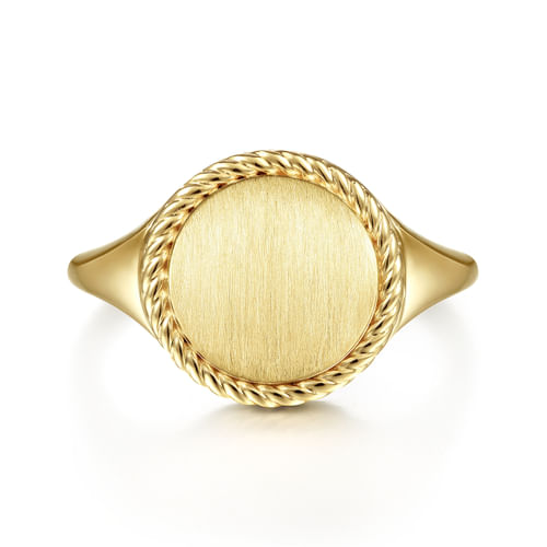 14K Yellow Gold Round  Engravable Signet Ring with Twisted Rope Frame