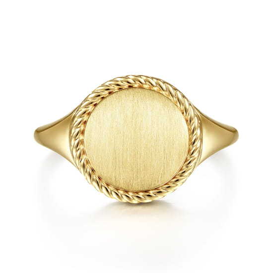 14K Yellow Gold Round  Engravable Signet Ring with Twisted Rope Frame