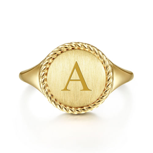 14K Yellow Gold Round  Engravable Signet Ring with Twisted Rope Frame
