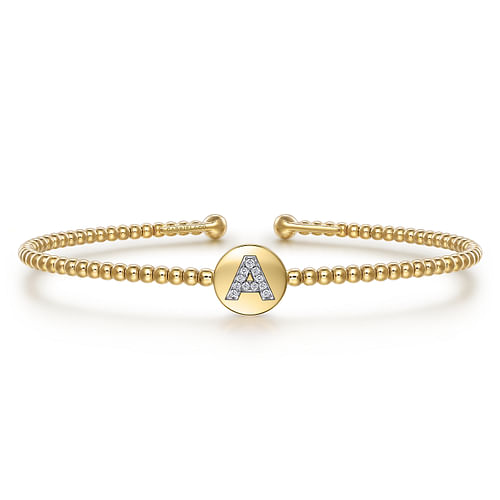 14K Yellow Gold Round A Initial Diamond Bujukan Cuff Bracelet