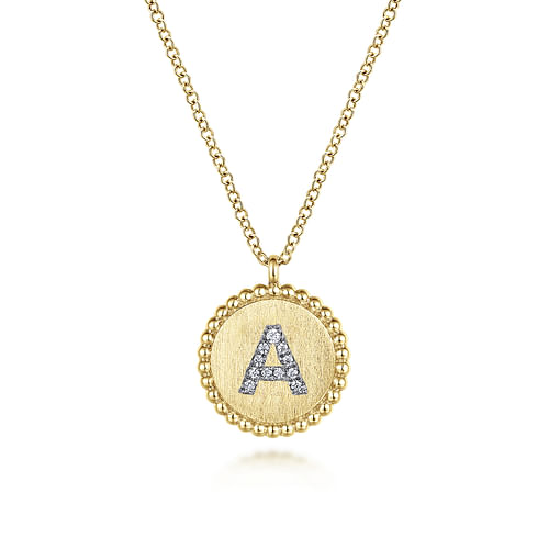 14K Yellow Gold Round A Initial Pendant Necklace with Diamonds