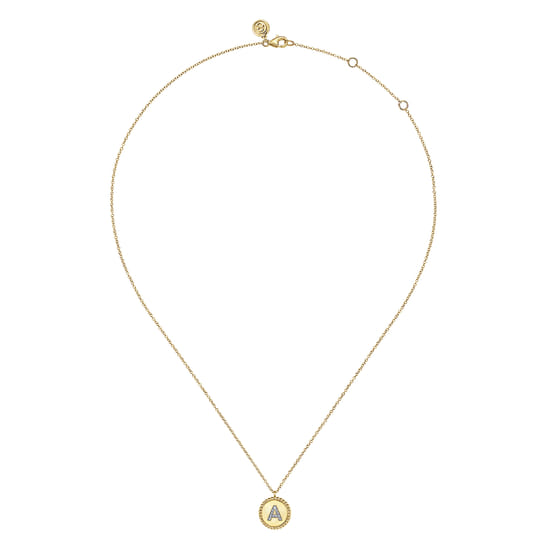 14K Yellow Gold Round A Initial Pendant Necklace with Diamonds angle 2