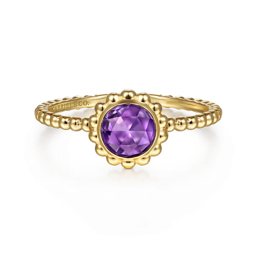 14K Yellow Gold Round Amethyst Bujukan Beaded Promise Ring