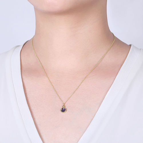 14K Yellow Gold Round Amethyst Pendant Necklace