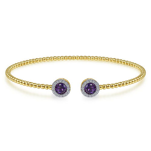 14K Yellow Gold Round Amethyst and Diamond Halo Bujukan Bangle