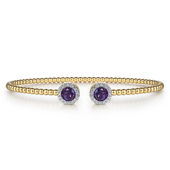 Gabriel - 14K Yellow Gold Round Amethyst and Diamond Halo Bujukan Bangle