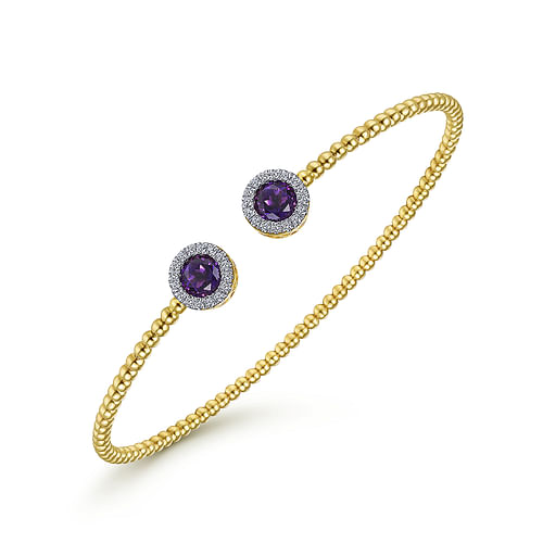 14K Yellow Gold Round Amethyst and Diamond Halo Bujukan Bangle