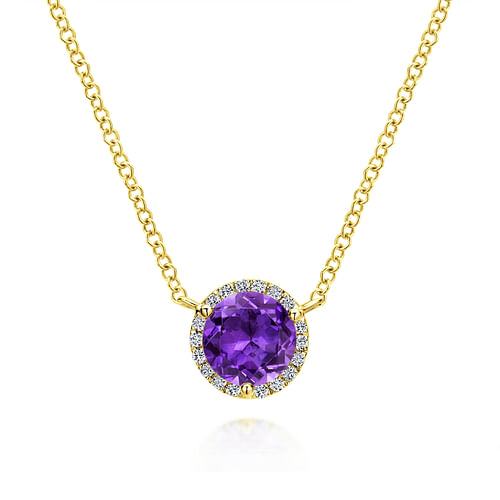 14K Yellow Gold Round Amethyst and Diamond Halo Pendant Necklace