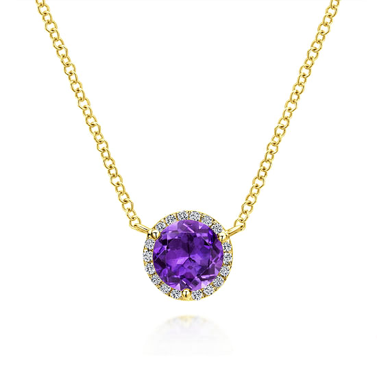 Gabriel - 14K Yellow Gold Round Amethyst and Diamond Halo Pendant Necklace