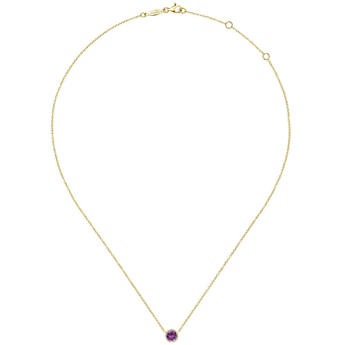 14K Yellow Gold Round Amethyst and Diamond Halo Pendant Necklace