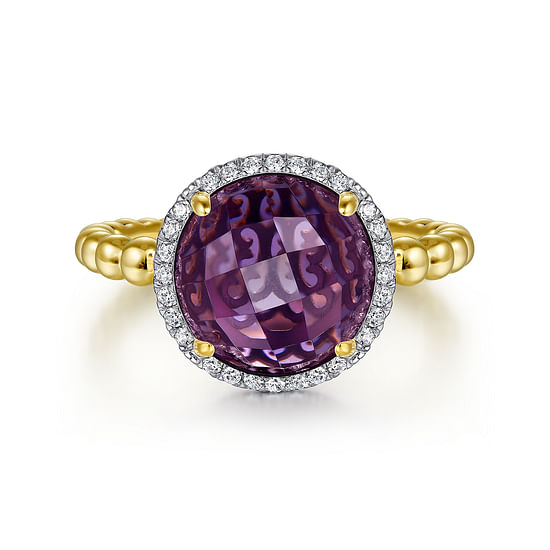 Gabriel - 14K Yellow Gold Round Amethyst and Diamond Halo Ring