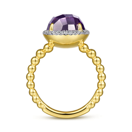 14K Yellow Gold Round Amethyst and Diamond Halo Ring angle 2