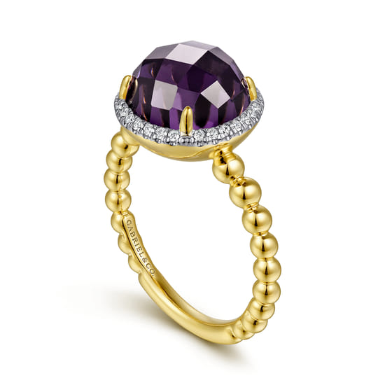 14K Yellow Gold Round Amethyst and Diamond Halo Ring angle 3