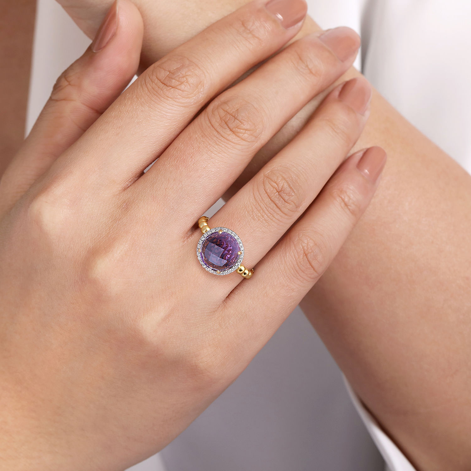 14K Yellow Gold Round Amethyst and Diamond Halo Ring