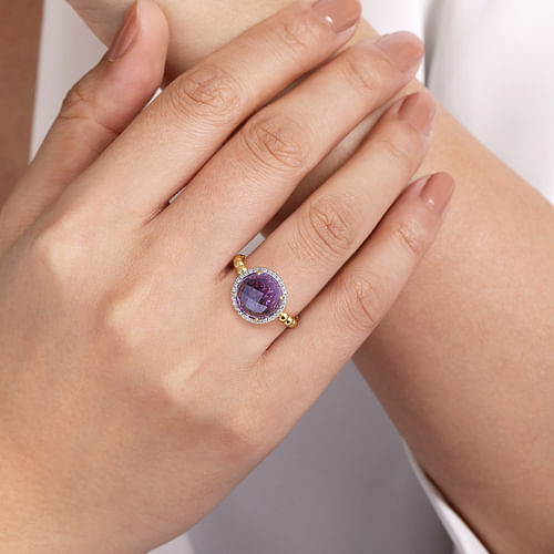 14K Yellow Gold Round Amethyst and Diamond Halo Ring