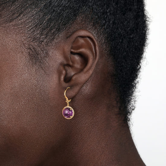 14K Yellow Gold Round Amethysts with Diamond Halo Earrings angle 2