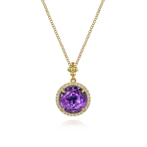 14K Yellow Gold Round Amethysts with Diamond Halo Necklace