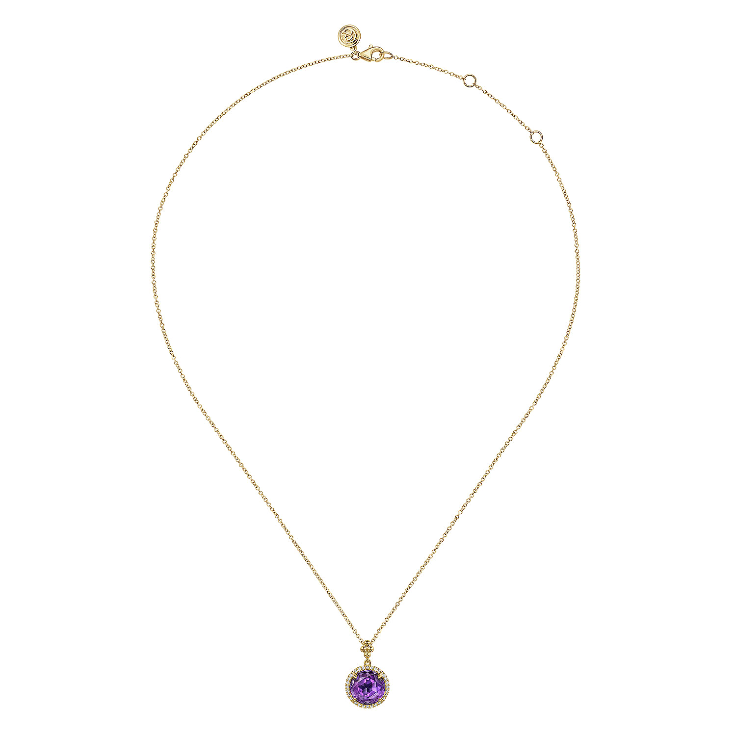 14K Yellow Gold Round Amethysts with Diamond Halo Necklace