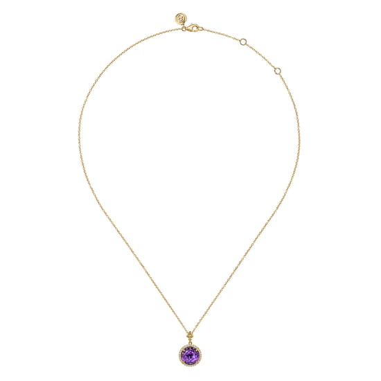 14K Yellow Gold Round Amethysts with Diamond Halo Necklace angle 2