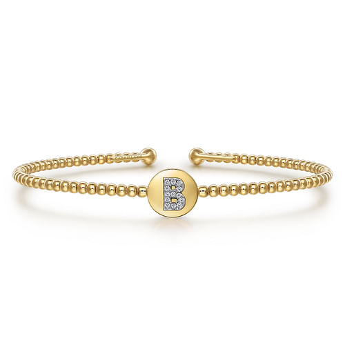 14K Yellow Gold Round B Initial Diamond Bujukan Cuff Bracelet