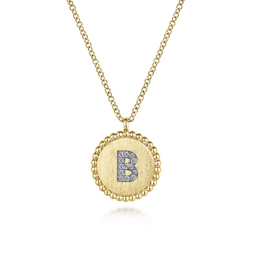 14K Yellow Gold Round B Initial Pendant Necklace with Diamonds